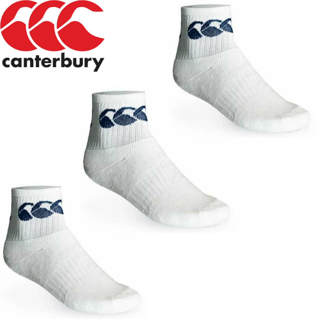 3pk CCC CANTERBURY Cotton Sport Socks Crew Pack - White/Navy