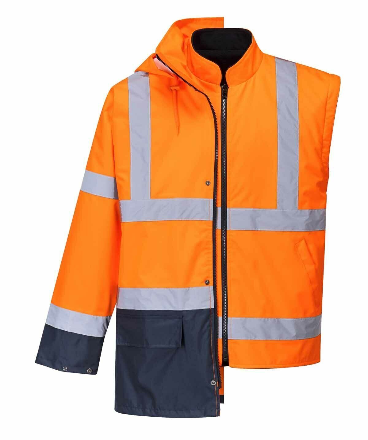 Portwest Hi-Vis Safety Workwear Waterproof Rain Jacket Coat 5-in-1 Two Tone - Orange/Navy