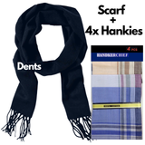 5pc Set Mens Woven Warm Knit Scarf +4 100% Cotton Handkerchiefs Hankies