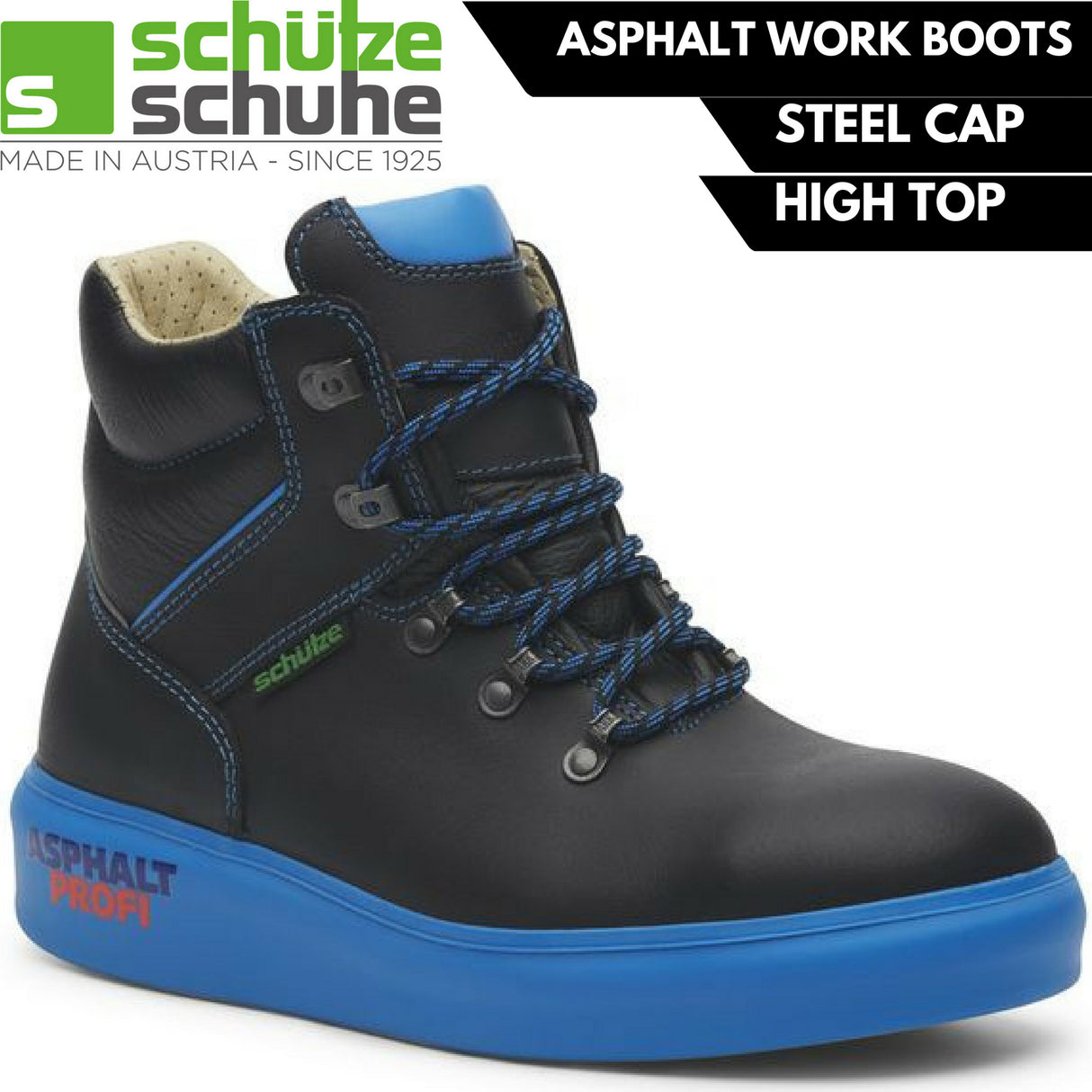 SCHUTZE Asphalt Work Boots 3M Reflective Steel Cap Shoes Made in Austria - Black/Blue