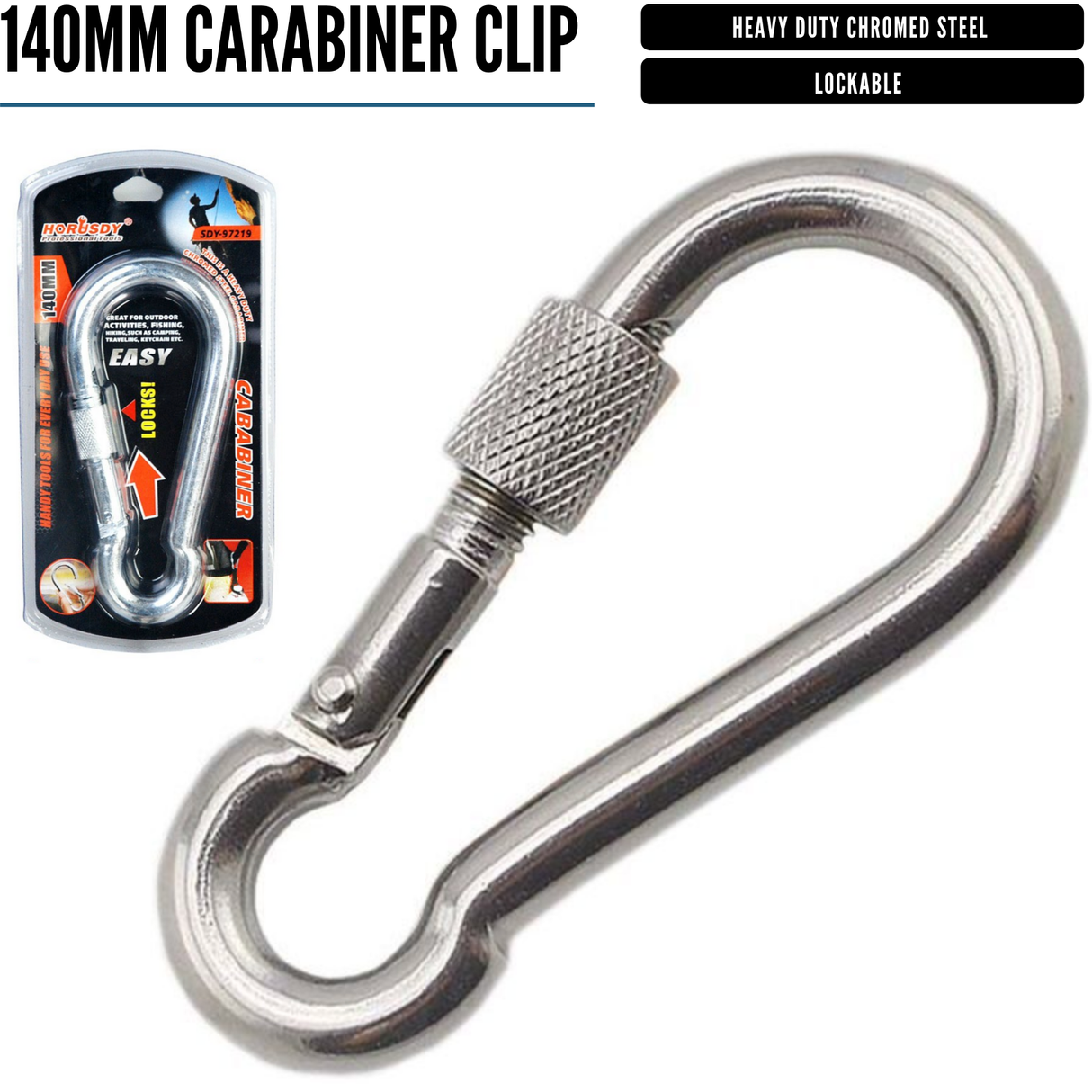 140mm Chromed Steel CARABINER Clip Hook Lockable Mountain Climbing