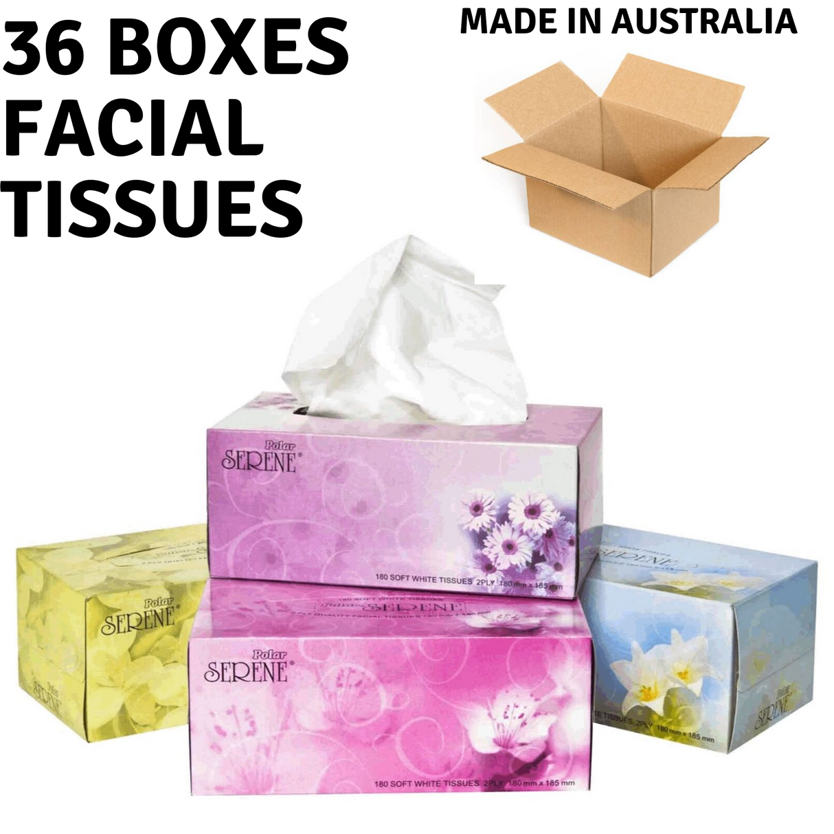 36 Boxes Polar SERENE Facial Tissues 2-Ply Deluxe Extra Soft Bulk 180 Sheets