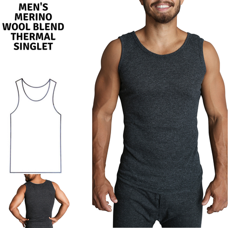 Mens THERMAL Merino Wool Blend Singlet Top Sleeveless Warm Underwear - Black - Black