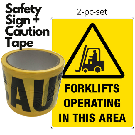 2pc Set Forklift Operating In This Area Safety Sign + Caution Tape Yellow Strip