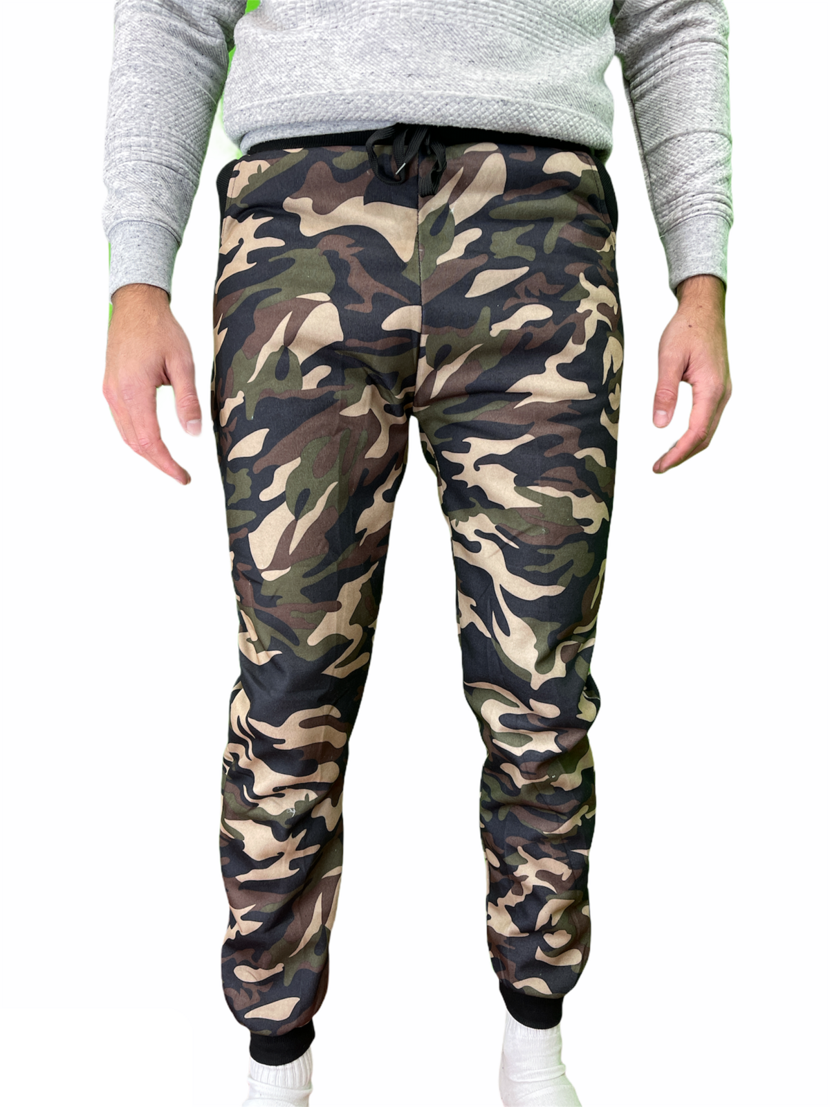 Mens Camouflage Track Pants Fleece Lined Jogger Camo Sweatpants Trackies - Green