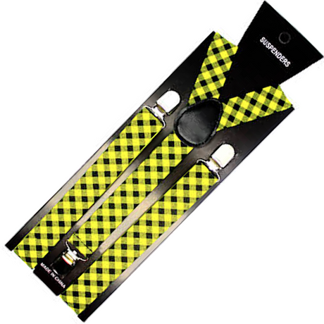 Mens Suspenders Braces Adjustable Strong Clip On Elastic Formal Wedding Slim - Black/Yellow Check