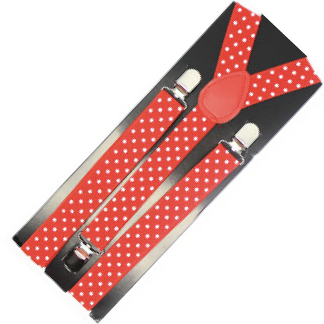 Mens Suspenders Braces Adjustable Strong Clip On Elastic Formal Wedding Slim - Red with White Polka Dot