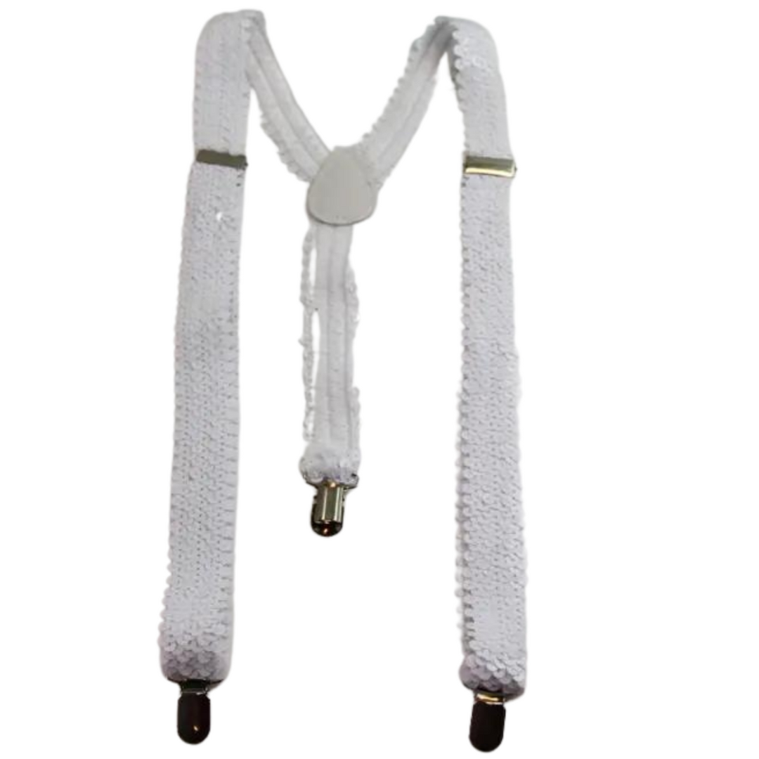 Mens Suspenders Braces Adjustable Strong Clip On Elastic Formal Wedding Slim - White (Sequin)