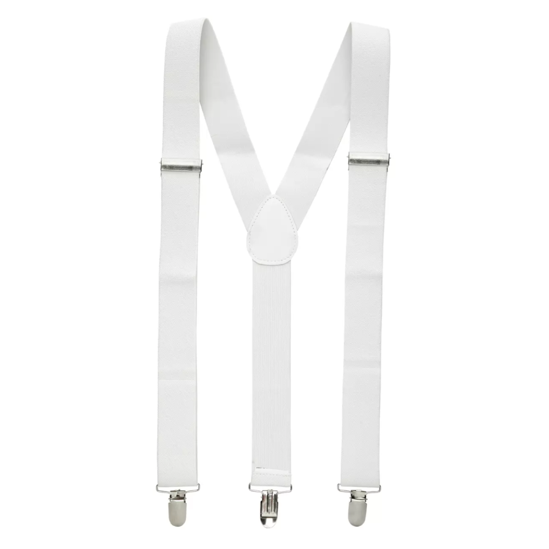 Mens Suspenders Braces Adjustable Strong Clip On Elastic Formal Wedding Slim - White