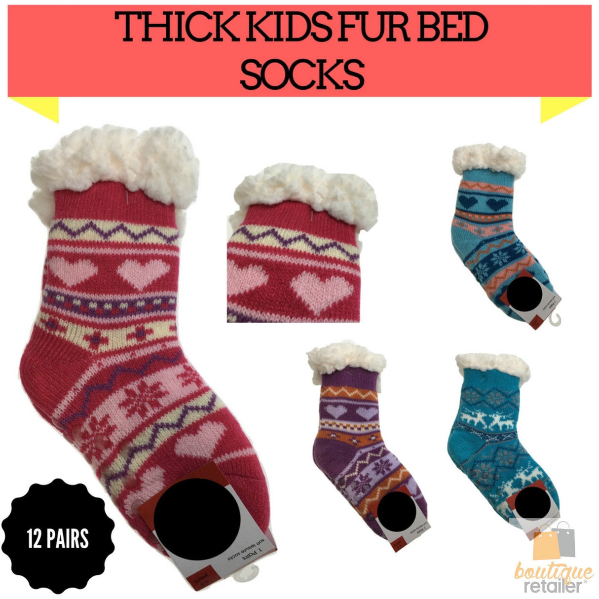 12 Pairs KIDS Thick Fur Bed Socks Boys Girls Soft Work Fluffy Non Slip BULK