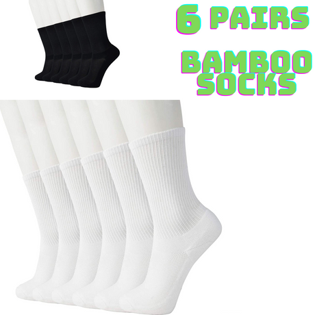 6 Pairs Bamboo Socks Unisex Premium Fiber Sock Super Soft Crew Tennis Sox - White