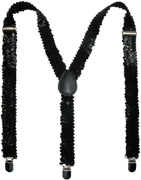 SEQUIN SUSPENDERS Unisex Adjustable Braces Clip On Elastic Y-Back  - Black