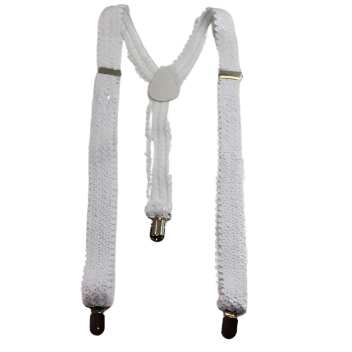 SEQUIN SUSPENDERS Unisex Adjustable Braces Clip On Elastic Y-Back  - White