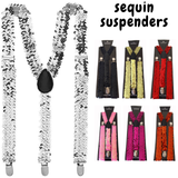 SEQUIN SUSPENDERS Unisex Adjustable Braces Clip On Elastic Y-Back  - Red