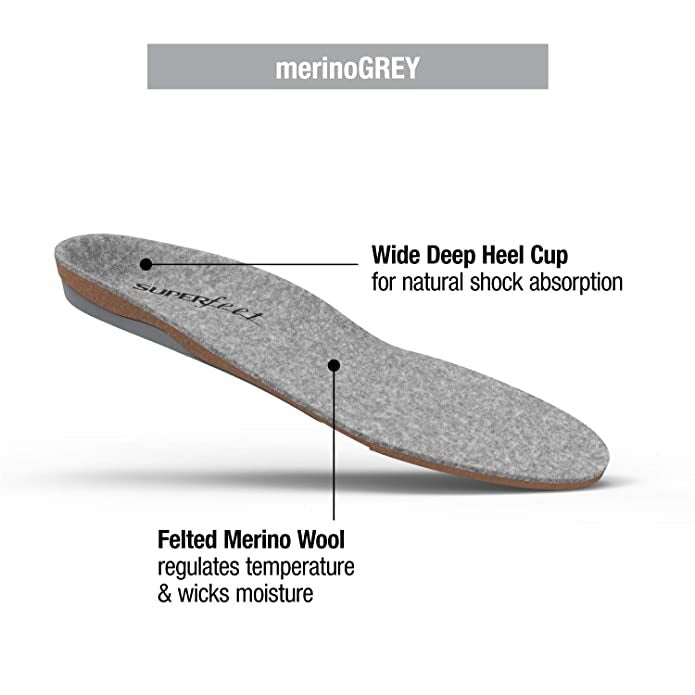 SUPERFEET Merino Wool Insoles Inserts Orthotics Arch Support Cushion - Grey