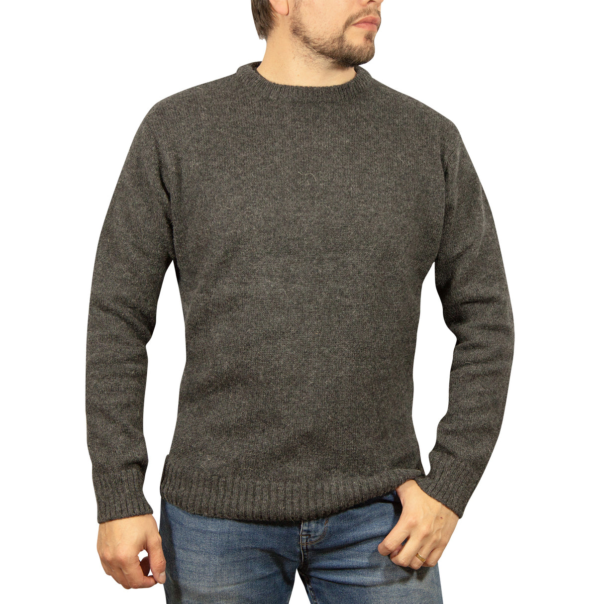 100% SHETLAND WOOL CREW Round Neck Knit JUMPER Pullover Mens Sweater Knitted - Charcoal (29)