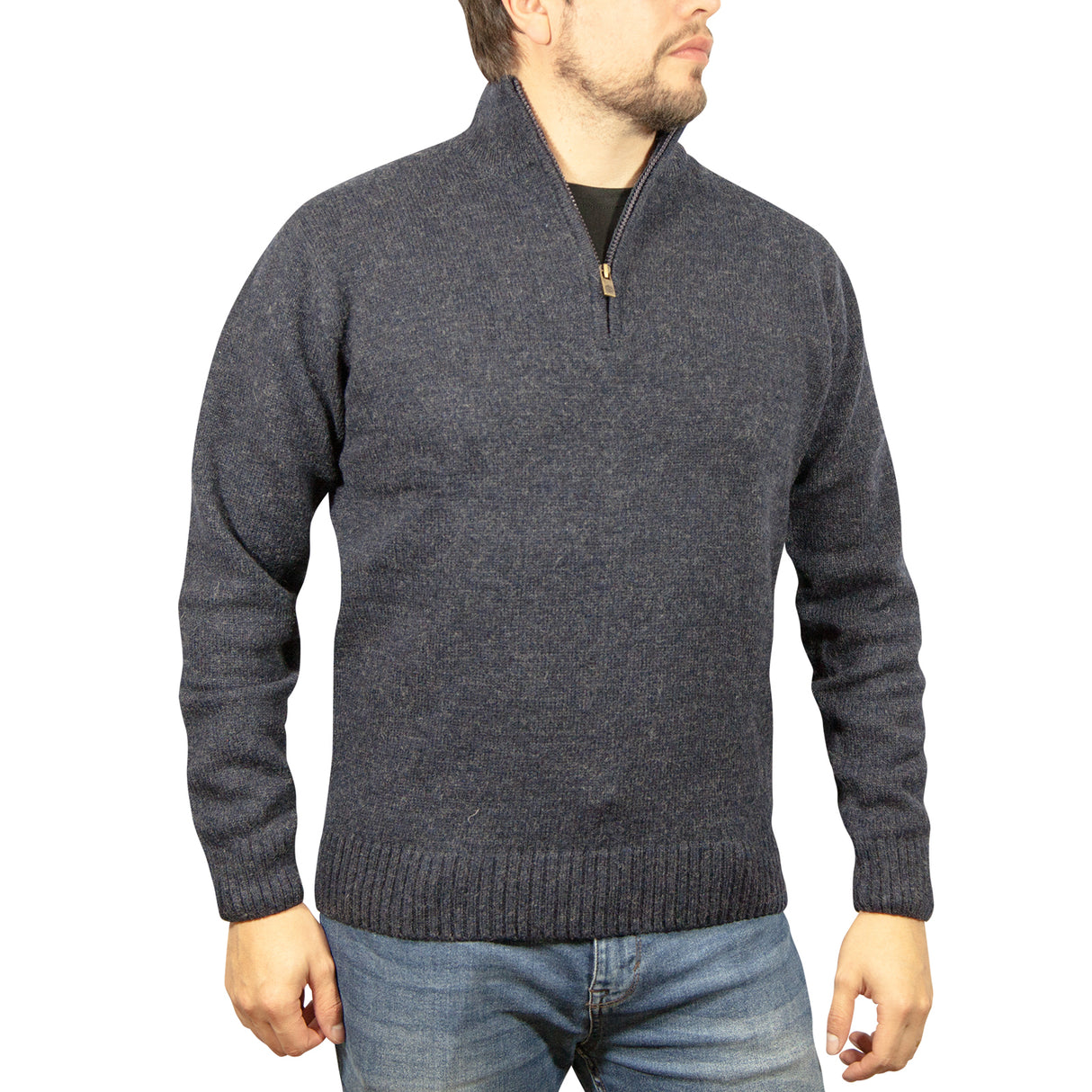 100% SHETLAND WOOL Half Zip Up Knit JUMPER Pullover Mens Sweater Knitted - Grey (21)