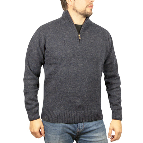 100% SHETLAND WOOL Half Zip Up Knit JUMPER Pullover Mens Sweater Knitted - Grey (21)