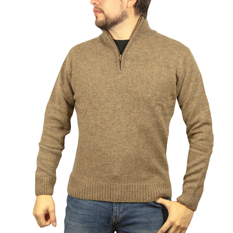 100% SHETLAND WOOL Half Zip Up Knit JUMPER Pullover Mens Sweater Knitted - Nutmeg (23)