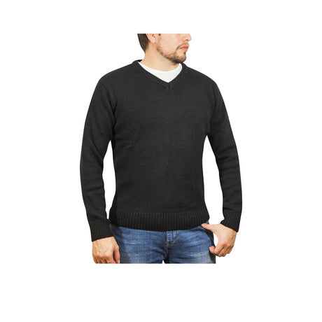 100% Shetland Wool V Neck Knit Jumper Pullover Mens Sweater Knitted - Plain Black