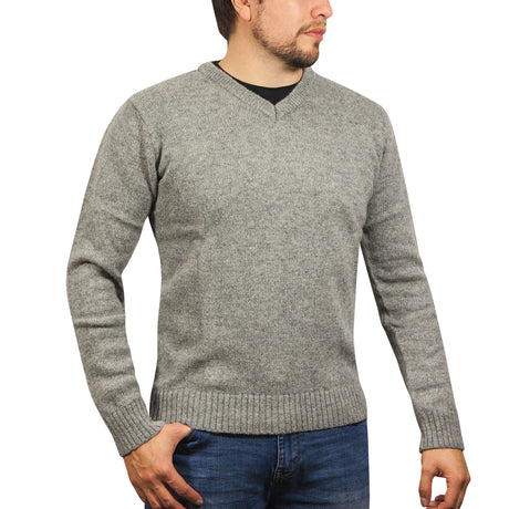 100% Shetland Wool V Neck Knit Jumper Pullover Mens Sweater Knitted - Grey (21)