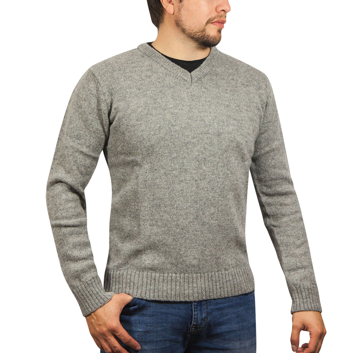 100% Shetland Wool V Neck Knit Jumper Pullover Mens Sweater Knitted - Navy (45)