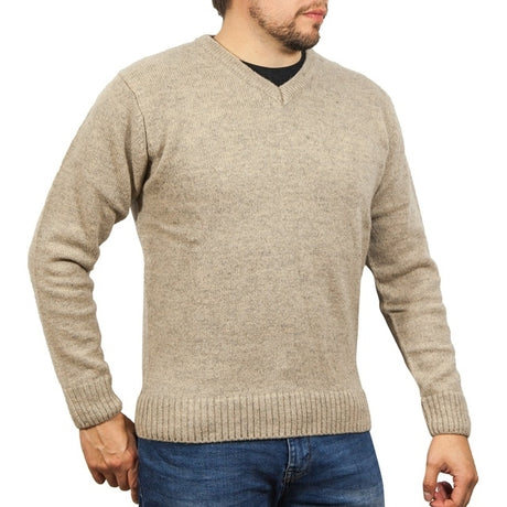 100% Shetland Wool V Neck Knit Jumper Pullover Mens Sweater Knitted - Oat Marle (03)