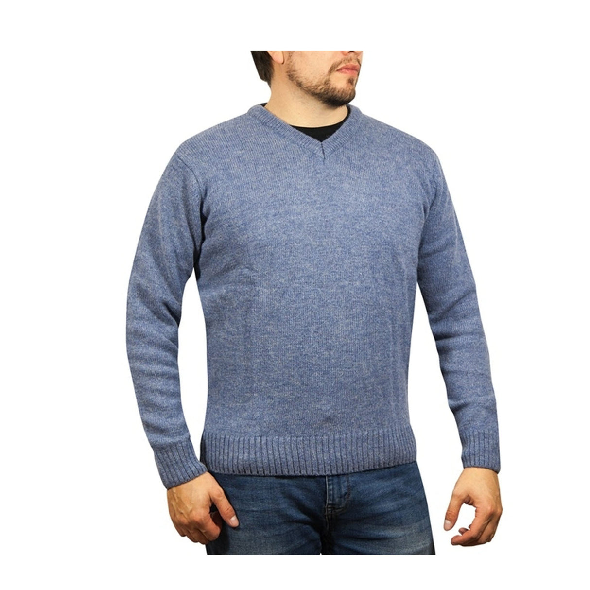 100% Shetland Wool V Neck Knit Jumper Pullover Mens Sweater Knitted - Sky (40)