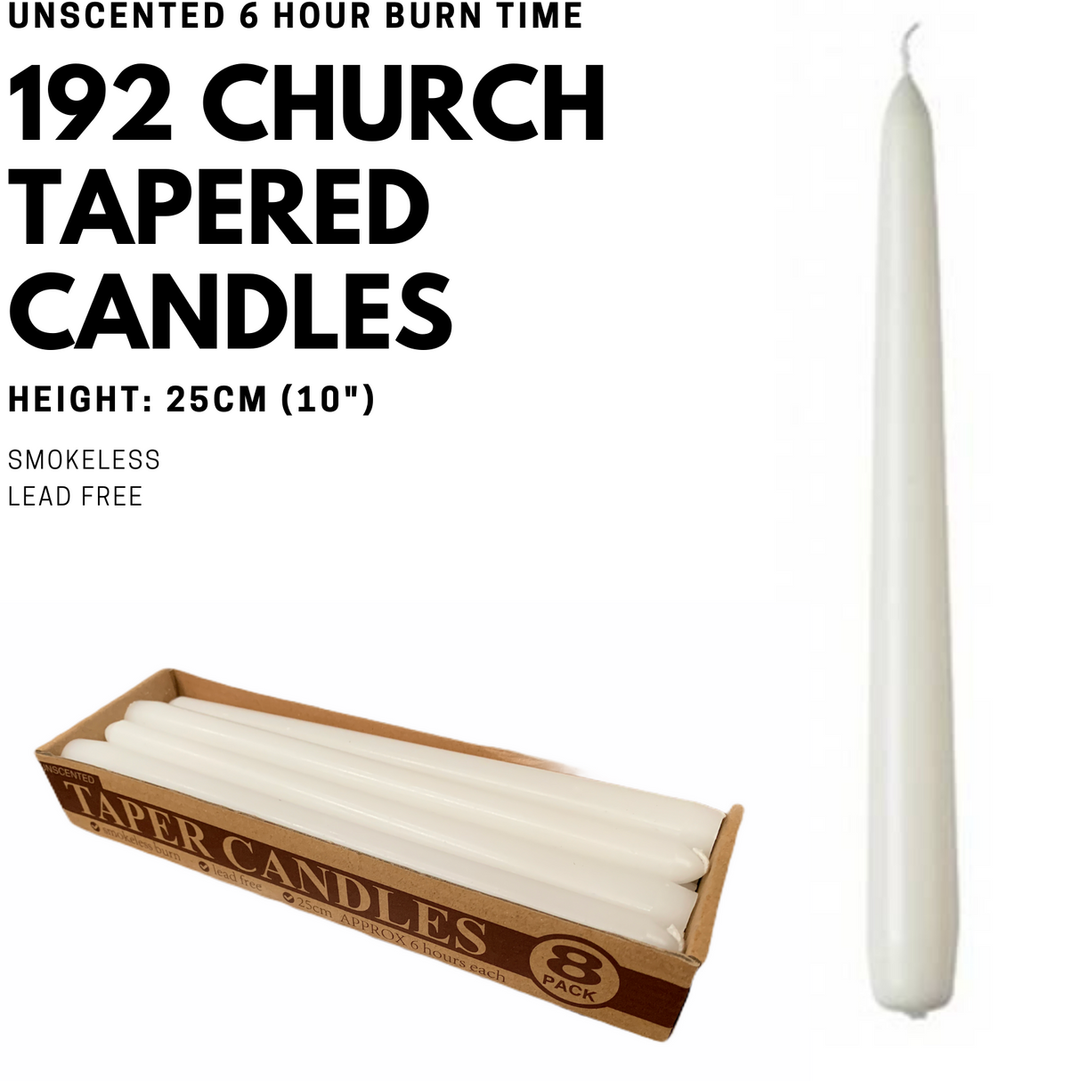 192x Premium Church Taper Candle Pillar Candles White Unscented Lead Free 6Hrs - 25cm (10")