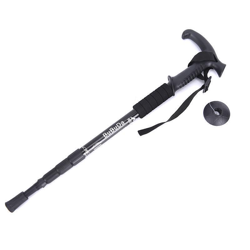 Folding Walking Stick Telescopic Adjustable Antishock Hiking Grip Pole Trekking - Black