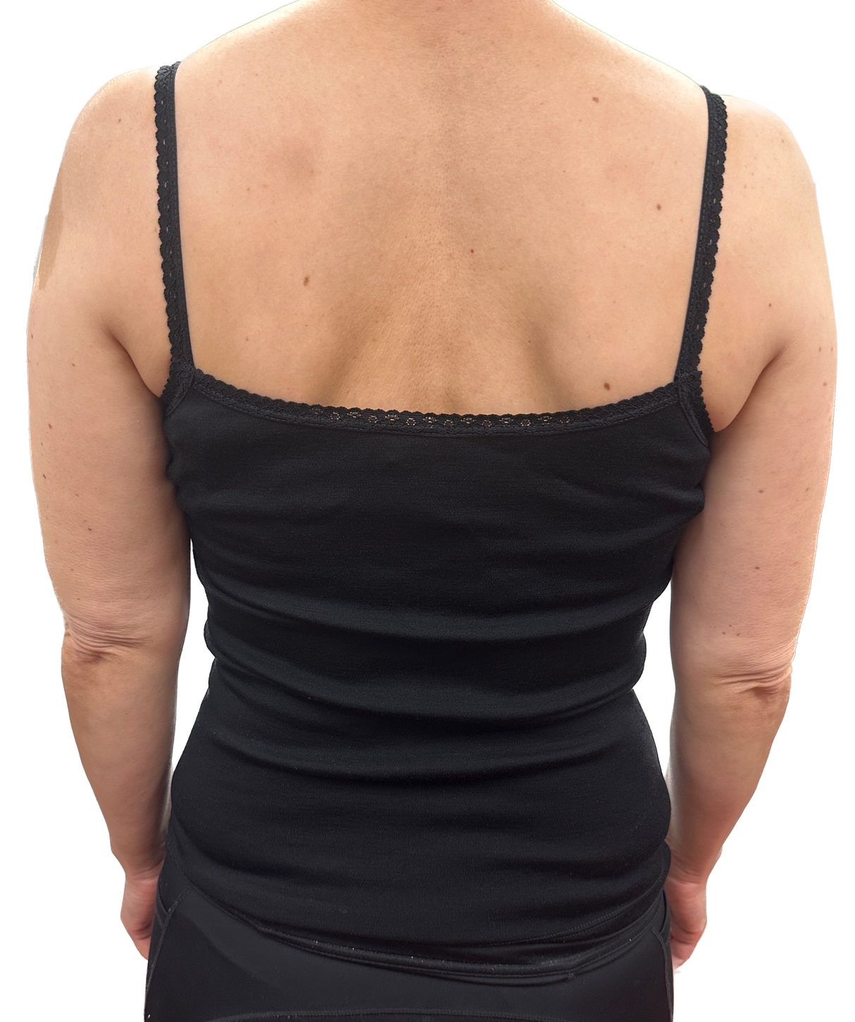 Thermo Fleece Ladies Pure Wool Camisole w Lace Thermal Thermals Top Singlet - Black