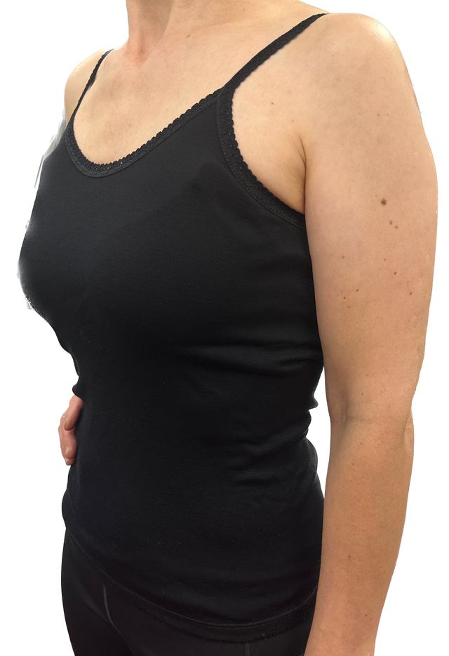 Thermo Fleece Ladies Pure Wool Camisole w Lace Thermal Thermals Top Singlet - Black