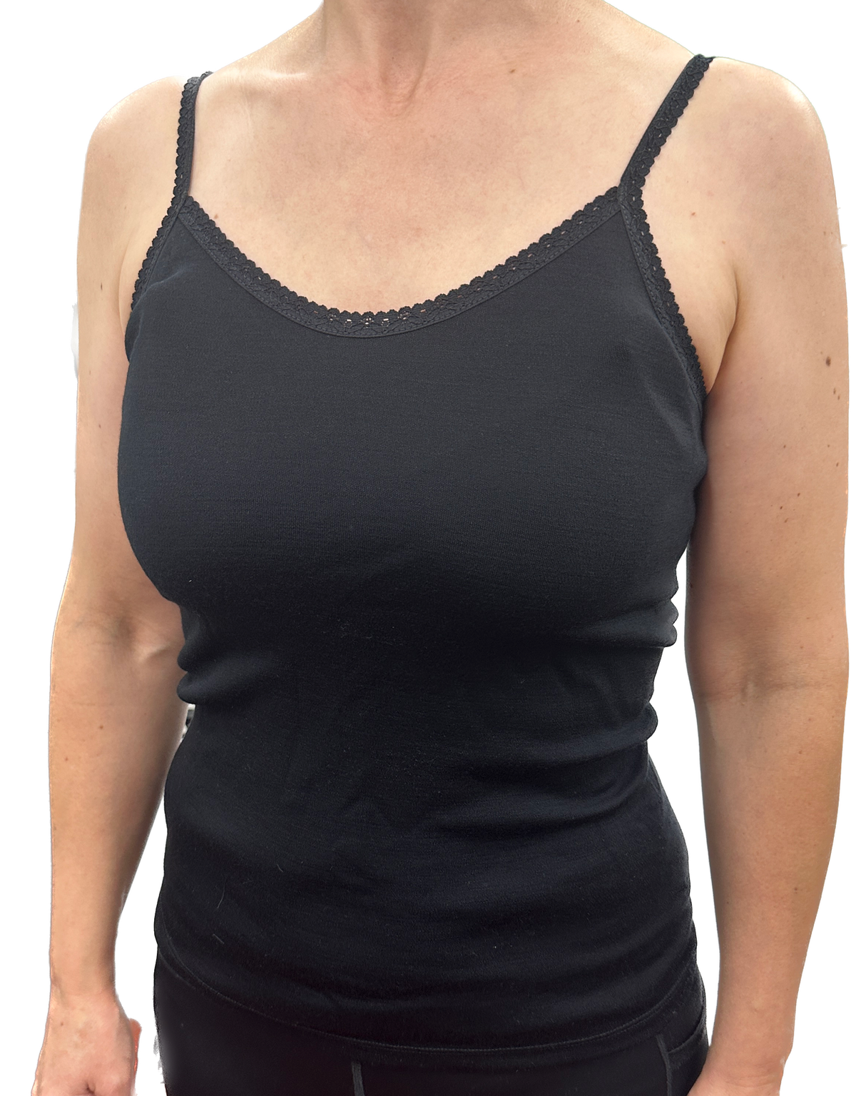 Thermo Fleece Ladies Pure Wool Camisole w Lace Thermal Thermals Top Singlet - Black