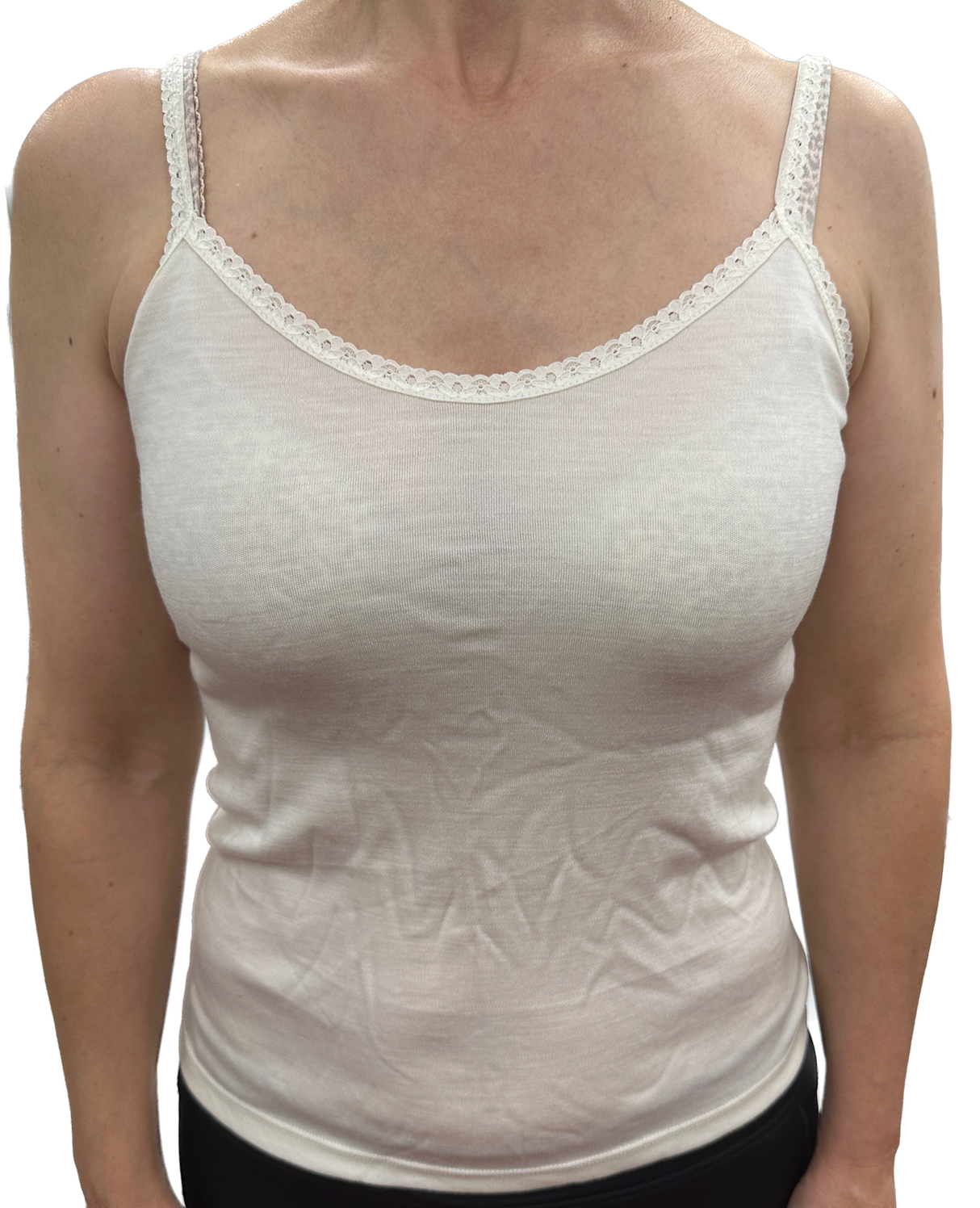 Thermo Fleece Ladies Pure Wool Camisole w Lace Thermal Thermals Top Singlet - Natural