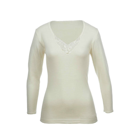 100% Pure Merino Wool Womens Long Sleeve Thermal Top Woolmark Thermals Fleece - Natural