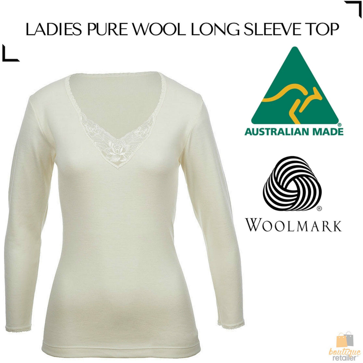 100% Pure Merino Wool Womens Long Sleeve Thermal Top Woolmark Thermals Fleece