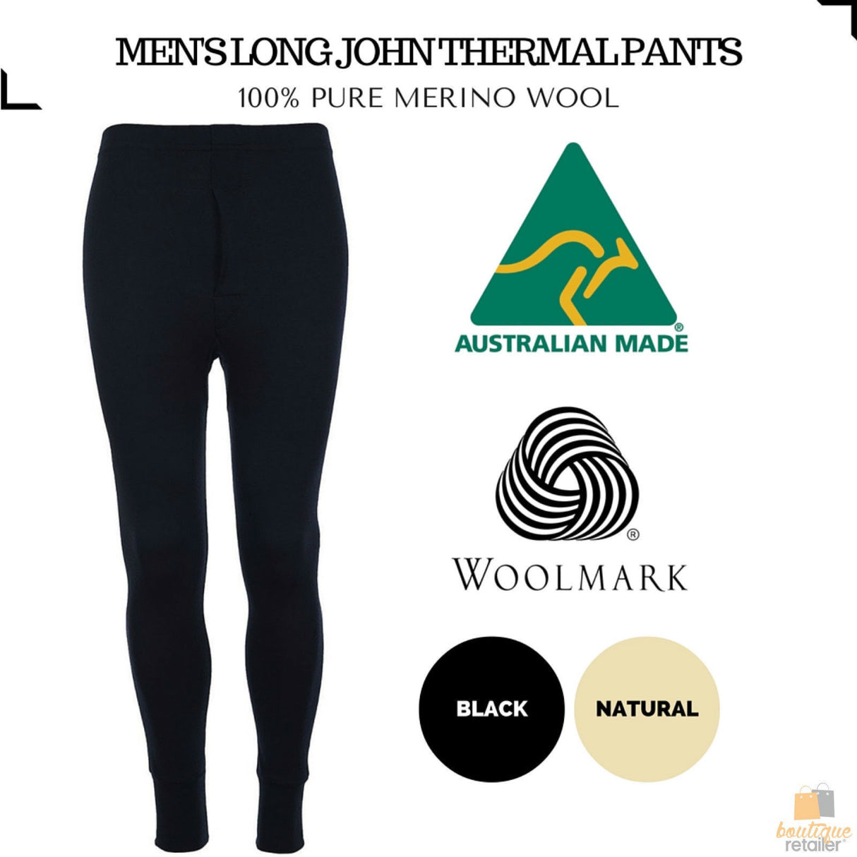 Mens 100% Pure Merino Wool Thermal Long Johns Pants Warm Underwear Thermals