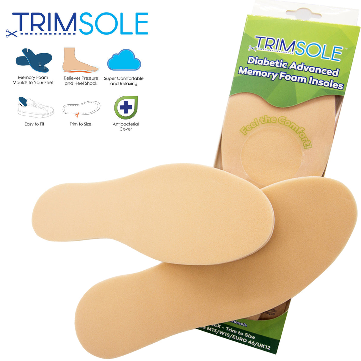 TRIMSOLE Diabetic Advanced Memory Foam Insoles Inserts Shoe Pads Cut To Size