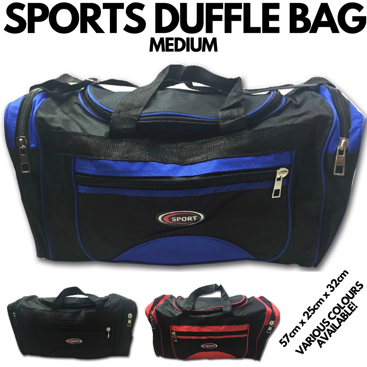 SPORTS BAG MEDIUM With Shoulder Strap Gym Duffle Travel Bags Water Resistant - Black/Blue