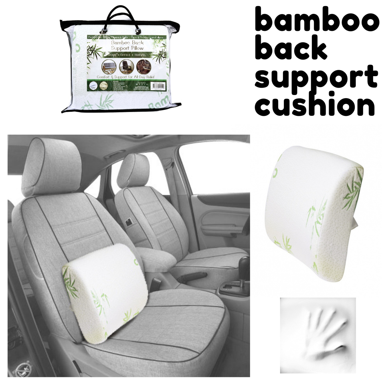 Bamboo Memory Foam Lumbar Support Back Cushion w/ Strap Lower Back Pillow