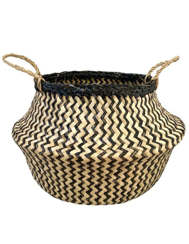 Round Belly Seagrass Storage Basket Natural Straw Folding - Chevron Black/natural