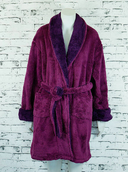 Womens Contrast Dressing Gown Coral Fleece Bathrobe Nightwear Ladies Sleepwear - Plum Pie