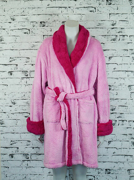 Womens Contrast Dressing Gown Coral Fleece Bathrobe Nightwear Ladies Sleepwear - Pretty Pink