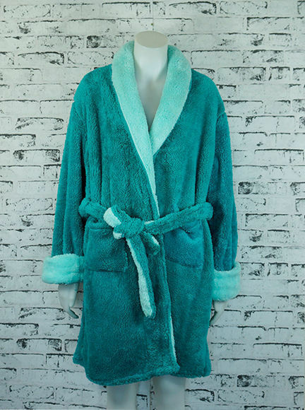 Womens Contrast Dressing Gown Coral Fleece Bathrobe Nightwear Ladies Sleepwear - Tropical Green