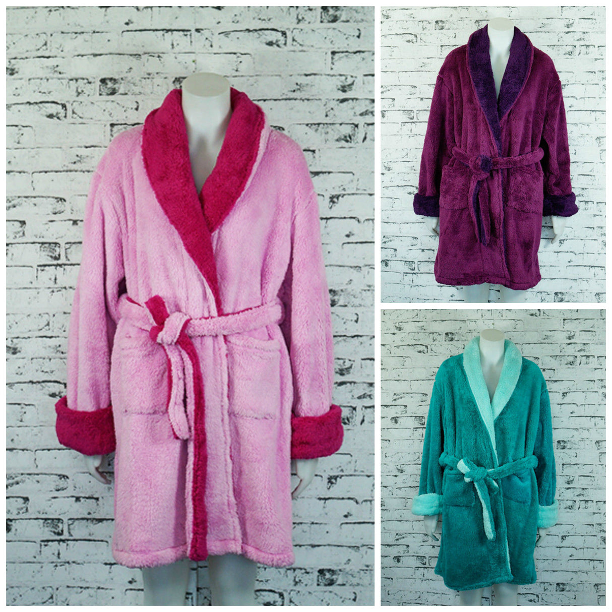 Womens Contrast Dressing Gown Coral Fleece Bathrobe Nightwear Ladies Sleepwear