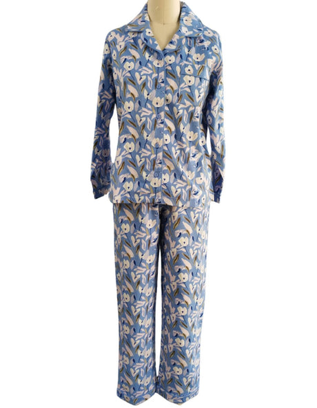 Womens FLANNELETTE PYJAMAS 100% Cotton PJs Set Top Pants Ladies Flannel PJ - Blue