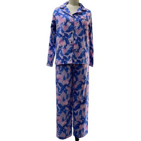 Womens Plus Size Flannelette Pyjamas 100% Cotton P Js Set Top Pants Ladies PJ - Blue Jay