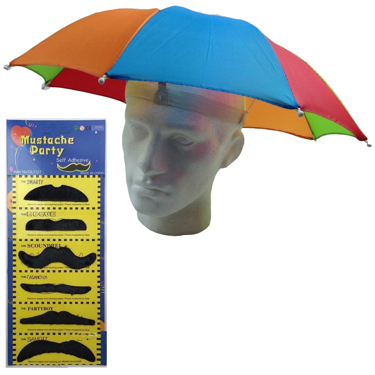 2-pc-Set Rainbow Umbrella Hat + 70s Fake Moustache Costume Props Novelty Fancy