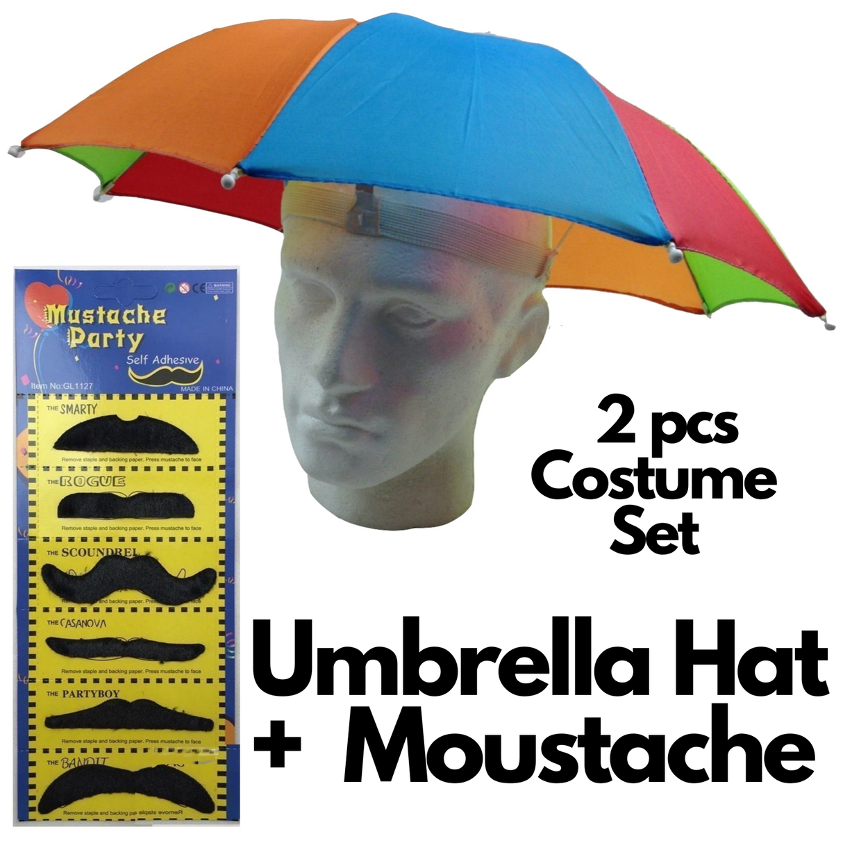 2-pc-Set Rainbow Umbrella Hat + 70s Fake Moustache Costume Props Novelty Fancy