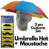 2-pc-Set Rainbow Umbrella Hat + 70s Fake Moustache Costume Props Novelty Fancy